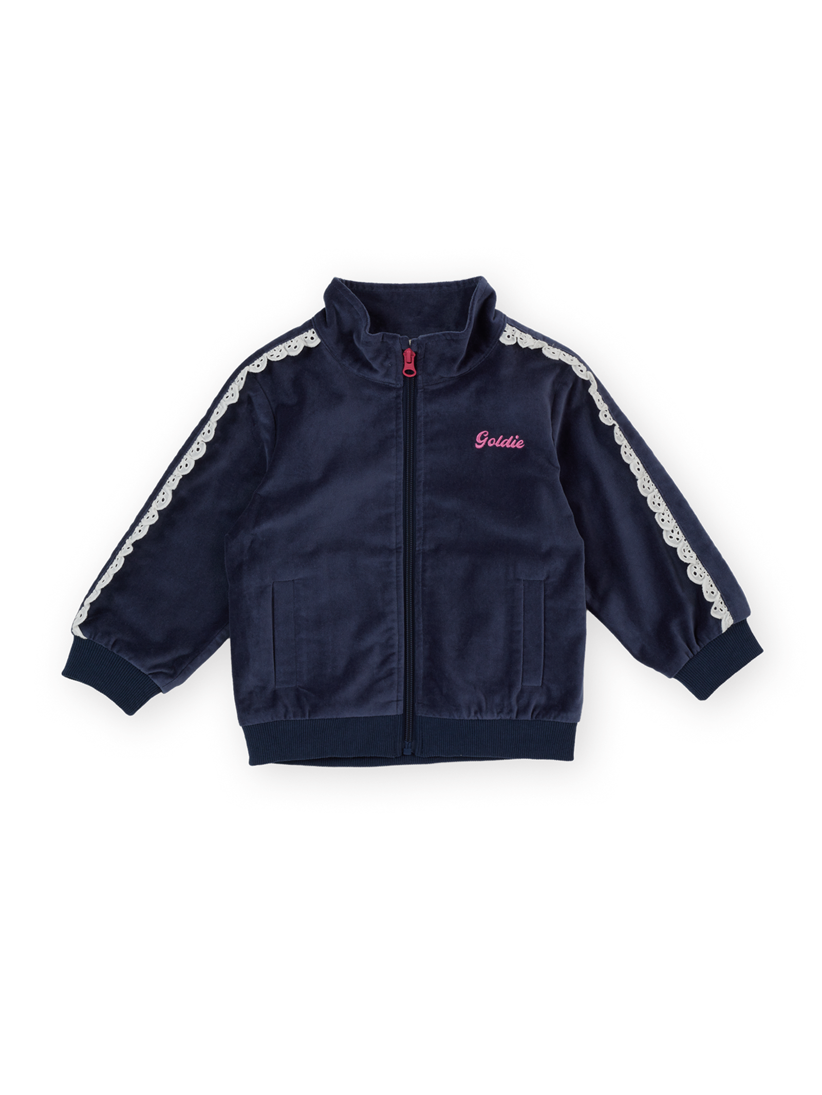 The Goldie + Ace Velour Broderie Sweat Jacket in Navy pictured on a transparent background. The material is 100% cotton with 100% cotton lining. It is a jacket made for babies, toddlers and kids.