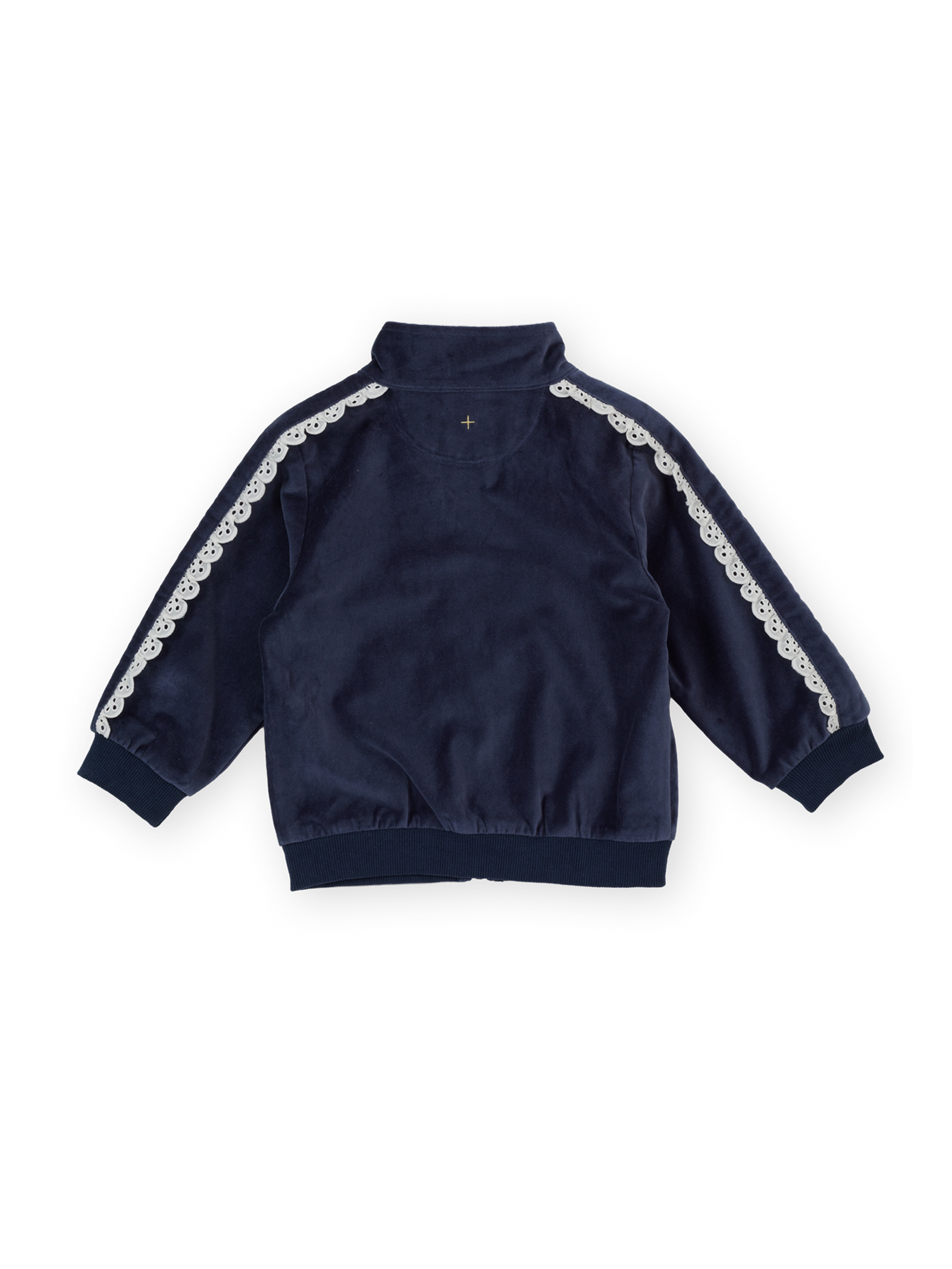 The Goldie + Ace Velour Broderie Sweat Jacket in Navy pictured on a transparent background. The material is 100% cotton with 100% cotton lining. It is a jacket made for babies, toddlers and kids.