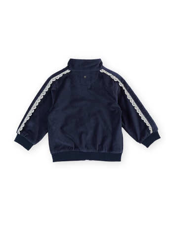 The Goldie + Ace Velour Broderie Sweat Jacket in Navy pictured on a transparent background. The material is 100% cotton with 100% cotton lining. It is a jacket made for babies, toddlers and kids.