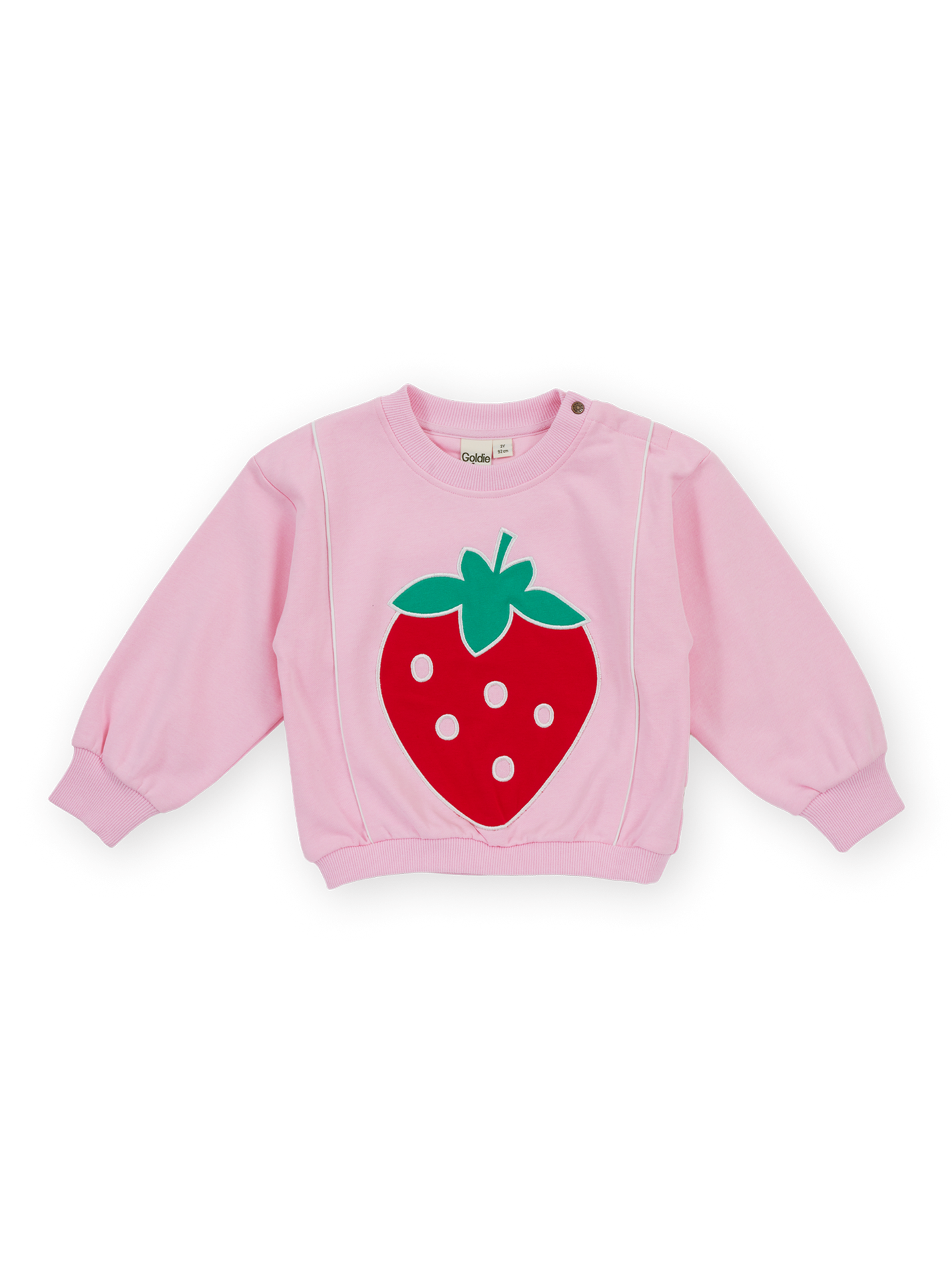 The Goldie + Ace Jumbo Strawberry Piped Sweater in Pink pictured on a transparent background. The material is 100% cotton. It is a sweater made for babies, toddlers and kids.
