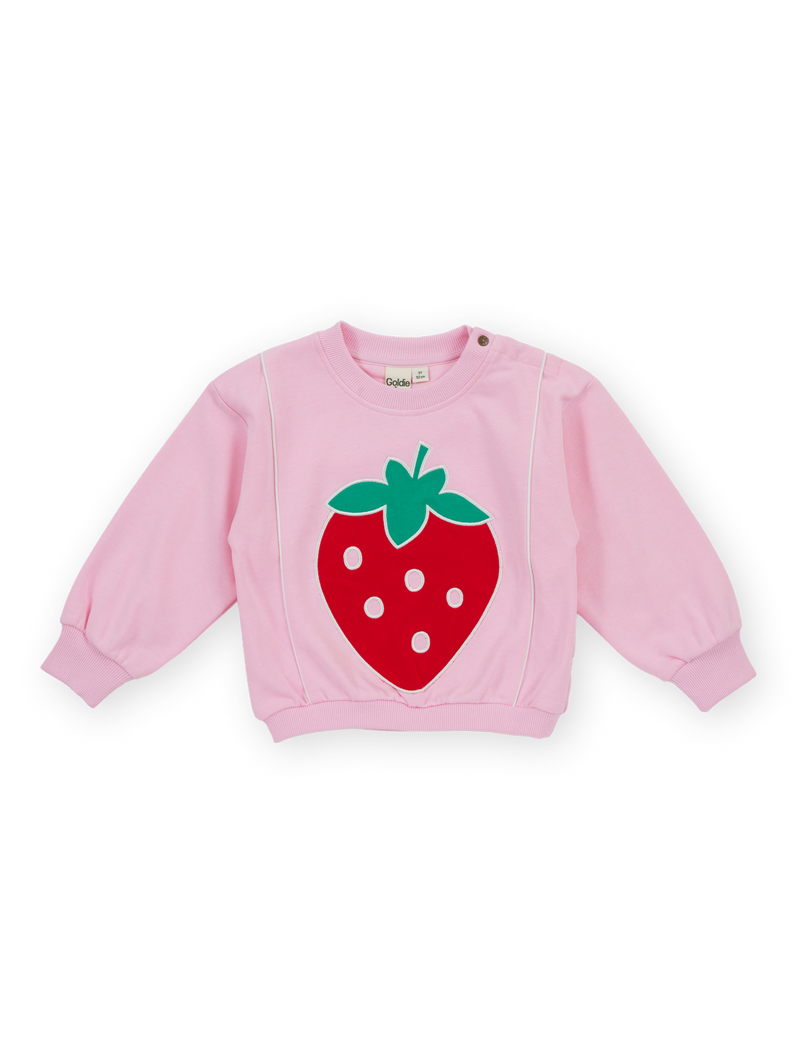 The Goldie + Ace Jumbo Strawberry Piped Sweater in Pink pictured on a transparent background. The material is 100% cotton. It is a sweater made for babies, toddlers and kids.
