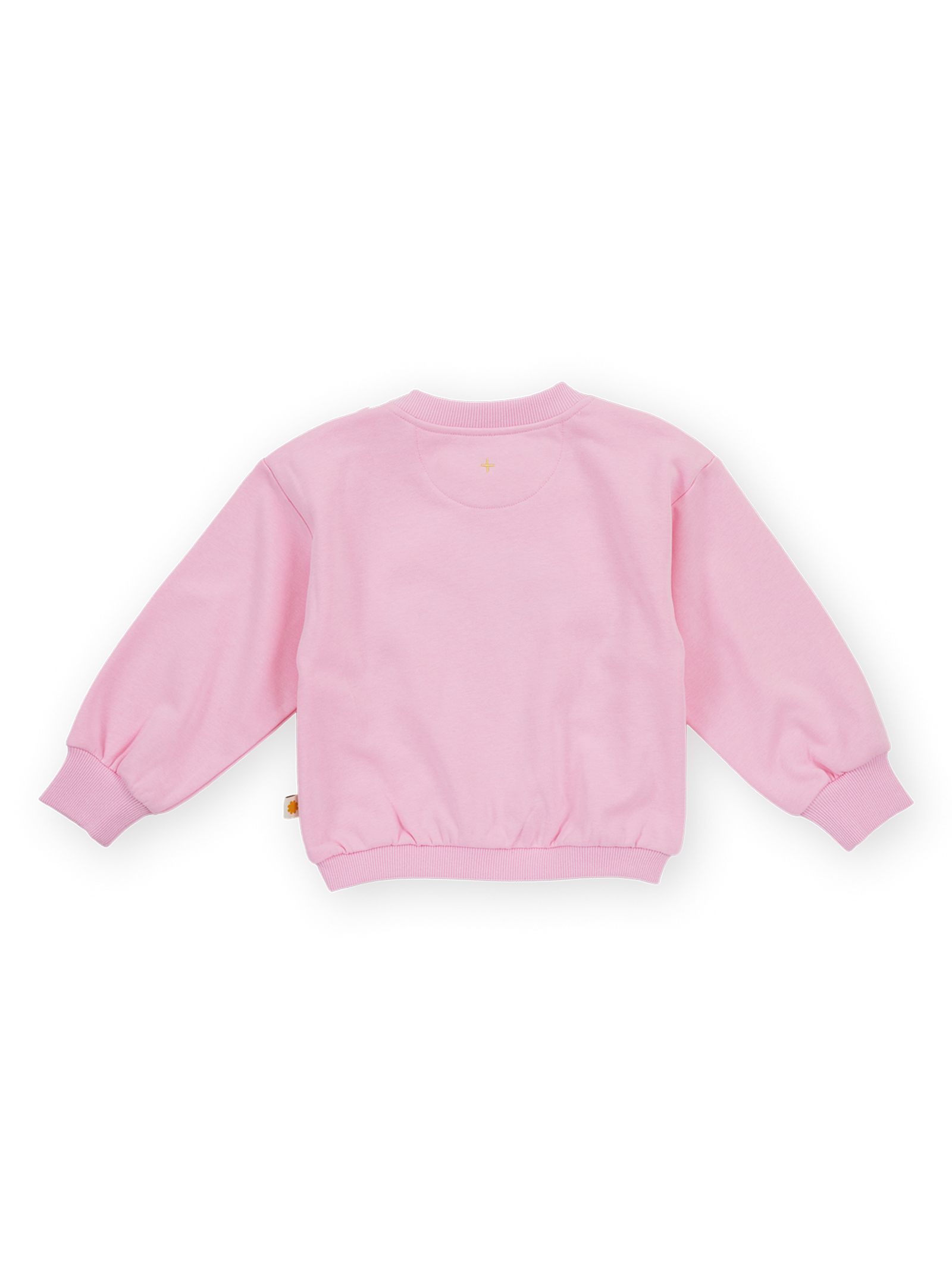 The Goldie + Ace Jumbo Strawberry Piped Sweater in Pink pictured on a transparent background. The material is 100% cotton. It is a sweater made for babies, toddlers and kids.