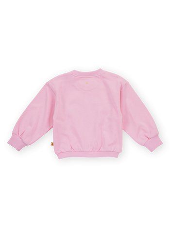 The Goldie + Ace Jumbo Strawberry Piped Sweater in Pink pictured on a transparent background. The material is 100% cotton. It is a sweater made for babies, toddlers and kids.