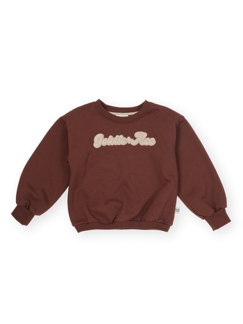 The Goldie + Ace Comfy Embroidered Sweater in Chestnut pictured on a transparent background. The material is 100% cotton. It is a sweater made for babies, toddlers and kids.