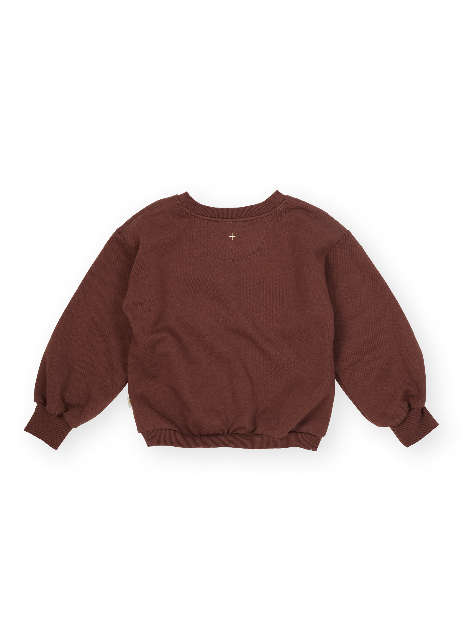 The Goldie + Ace Comfy Embroidered Sweater in Chestnut pictured on a transparent background. The material is 100% cotton. It is a sweater made for babies, toddlers and kids.