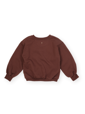 The Goldie + Ace Comfy Embroidered Sweater in Chestnut pictured on a transparent background. The material is 100% cotton. It is a sweater made for babies, toddlers and kids.