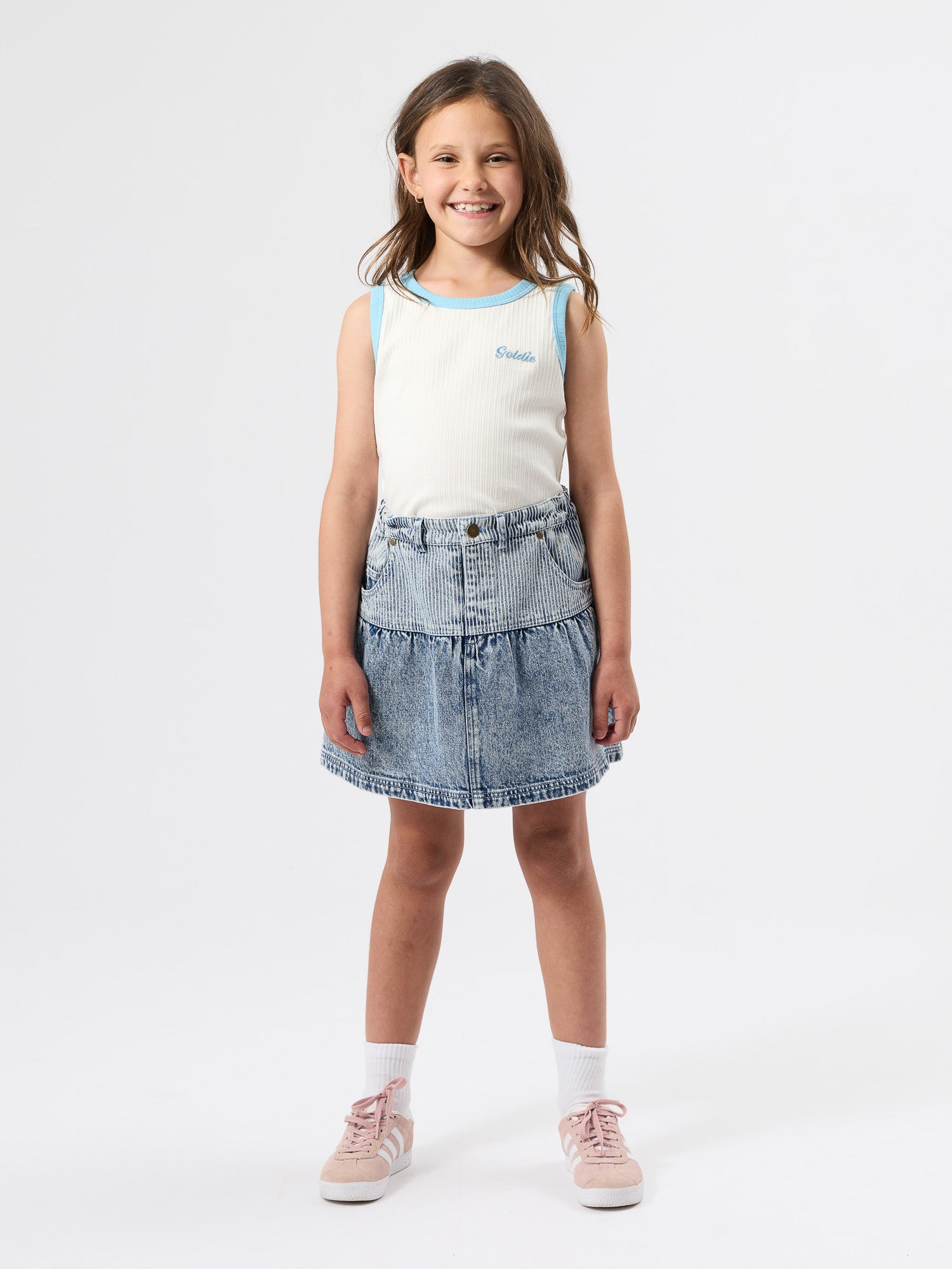 【2回着用】layered peplum denim jumper skirt Pinstripe Peplum Denim Skirt | Goldie + Ace skirt for kids