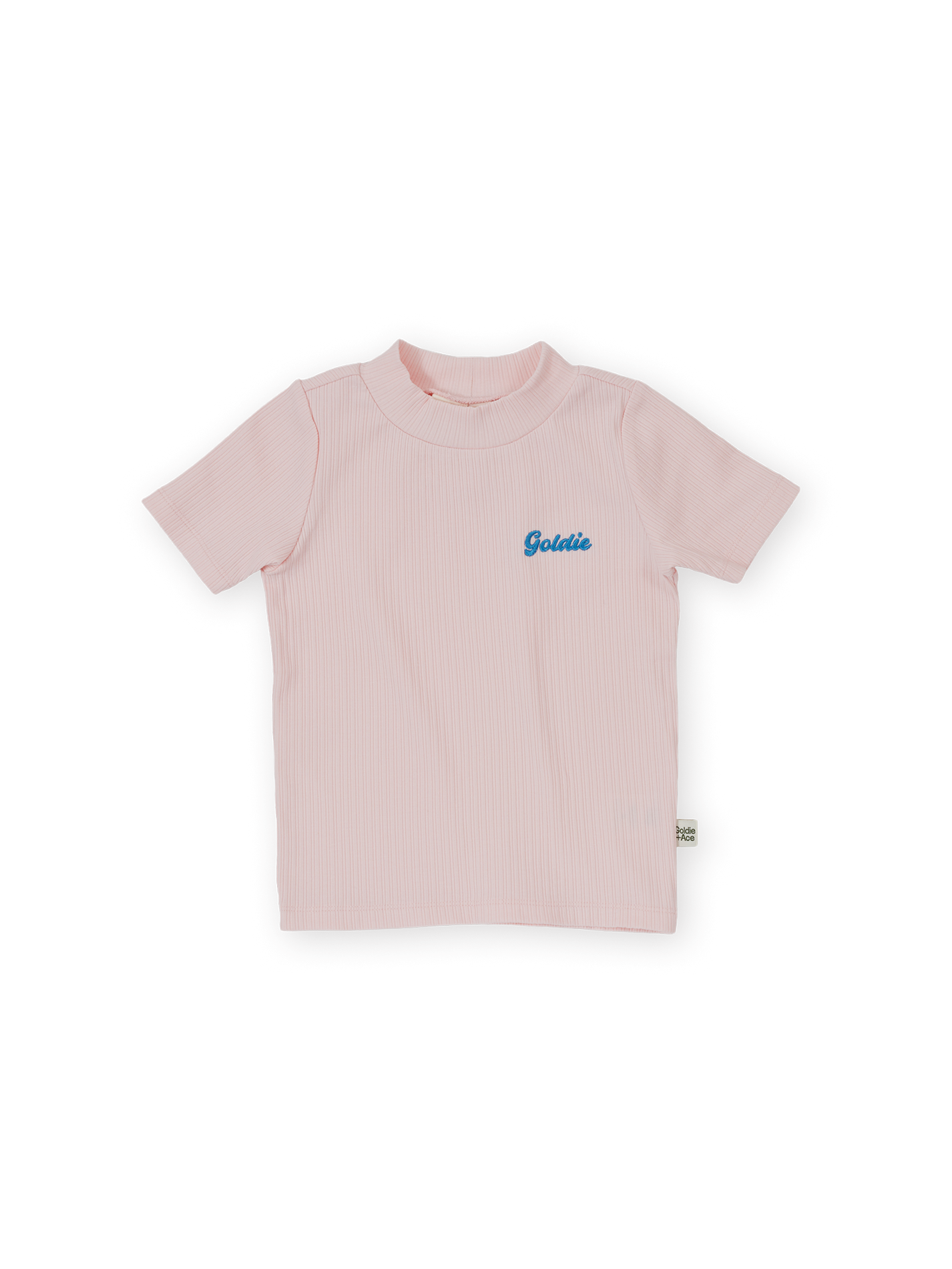 The Goldie + Ace Rib T-Shirt in Pink pictured on a transparent background. The material is 95% cotton 5% spandex. It is a t-shirt made for babies, toddlers and kids.