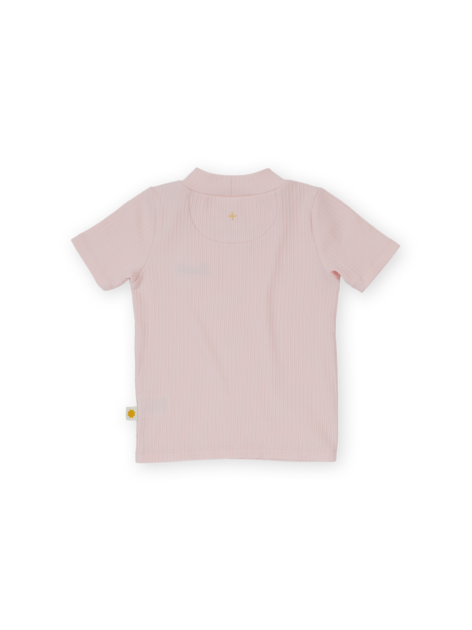 The Goldie + Ace Rib T-Shirt in Pink pictured on a transparent background. The material is 95% cotton 5% spandex. It is a t-shirt made for babies, toddlers and kids.
