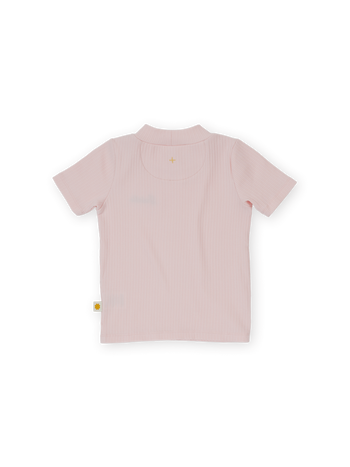 The Goldie + Ace Rib T-Shirt in Pink pictured on a transparent background. The material is 95% cotton 5% spandex. It is a t-shirt made for babies, toddlers and kids.