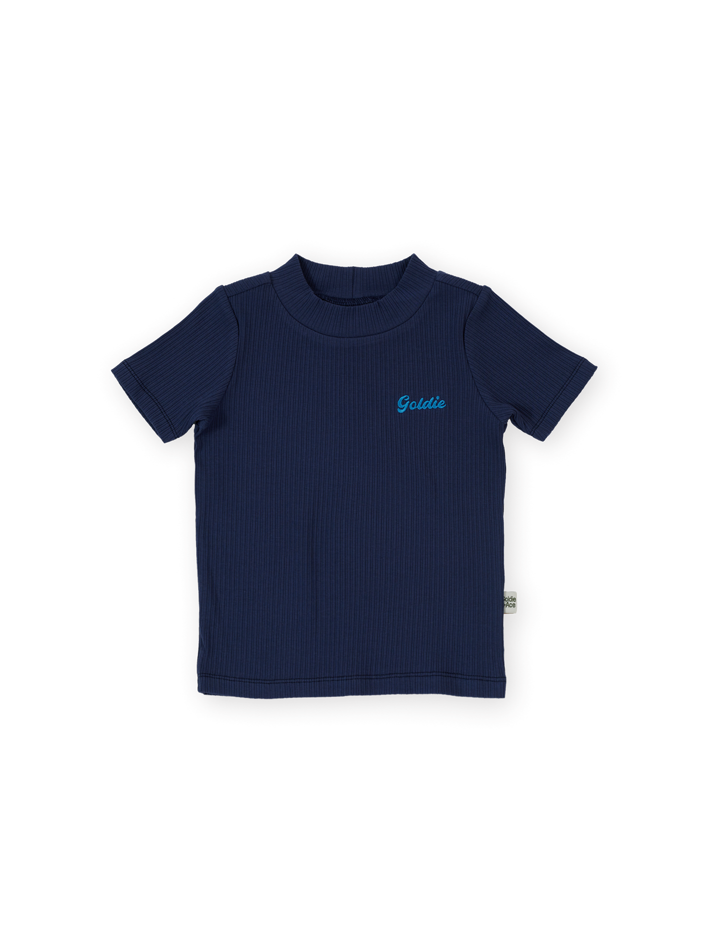 The Goldie + Ace Rib T-Shirt in Navy pictured on a transparent background. The material is 95% cotton 5% spandex. It is a t-shirt made for babies, toddlers and kids.