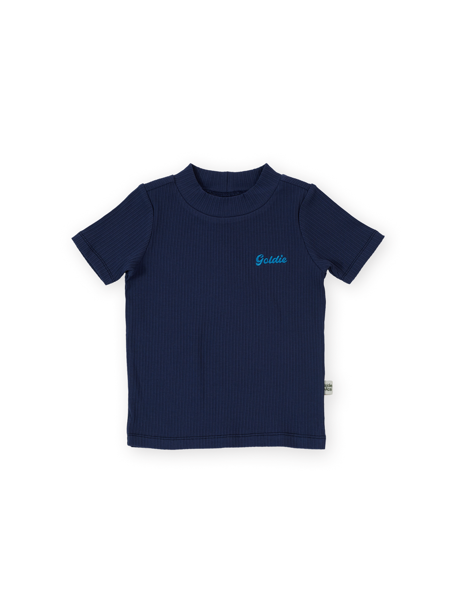 The Goldie + Ace Rib T-Shirt in Navy pictured on a transparent background. The material is 95% cotton 5% spandex. It is a t-shirt made for babies, toddlers and kids.