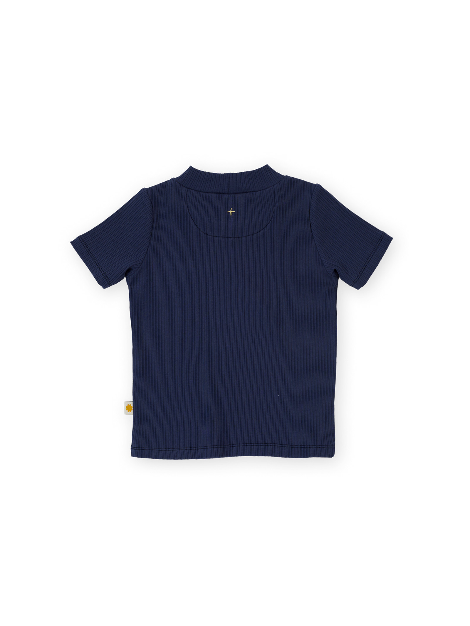 The Goldie + Ace Rib T-Shirt in Navy pictured on a transparent background. The material is 95% cotton 5% spandex. It is a t-shirt made for babies, toddlers and kids.