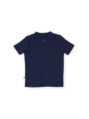 The Goldie + Ace Rib T-Shirt in Navy pictured on a transparent background. The material is 95% cotton 5% spandex. It is a t-shirt made for babies, toddlers and kids.