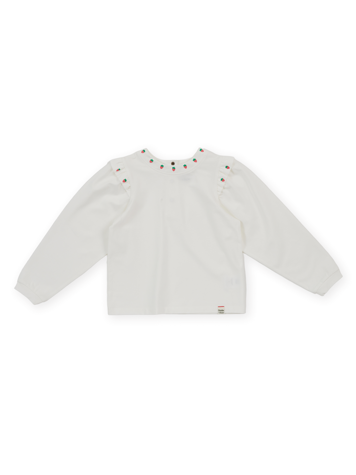 The Goldie + Ace Mini Strawberry Longsleeve Top in White pictured on a transparent background. The material is 100% cotton. It is a t-shirt made for babies, toddlers and kids.