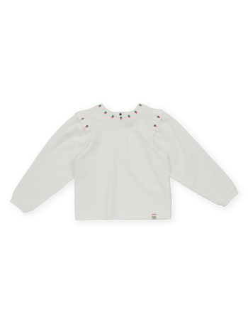 The Goldie + Ace Mini Strawberry Longsleeve Top in White pictured on a transparent background. The material is 100% cotton. It is a t-shirt made for babies, toddlers and kids.
