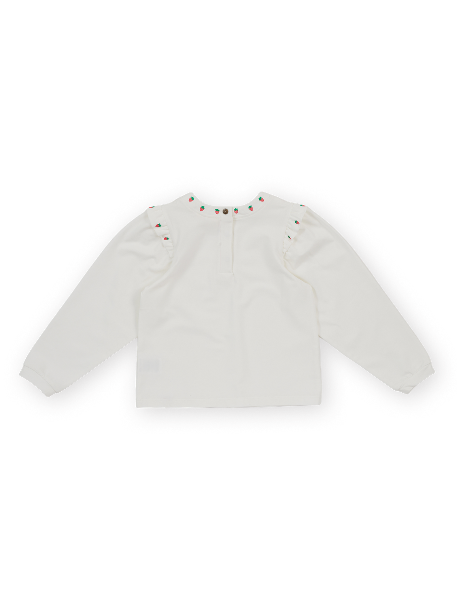 The Goldie + Ace Mini Strawberry Longsleeve Top in White pictured on a transparent background. The material is 100% cotton. It is a t-shirt made for babies, toddlers and kids.