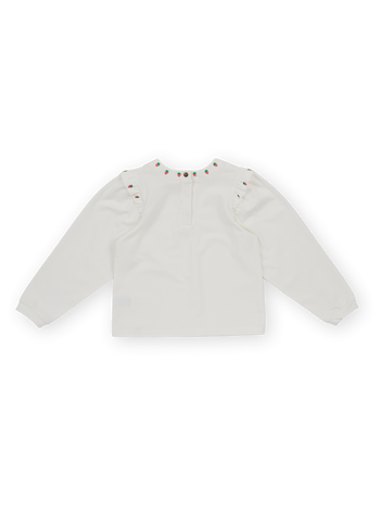 The Goldie + Ace Mini Strawberry Longsleeve Top in White pictured on a transparent background. The material is 100% cotton. It is a t-shirt made for babies, toddlers and kids.