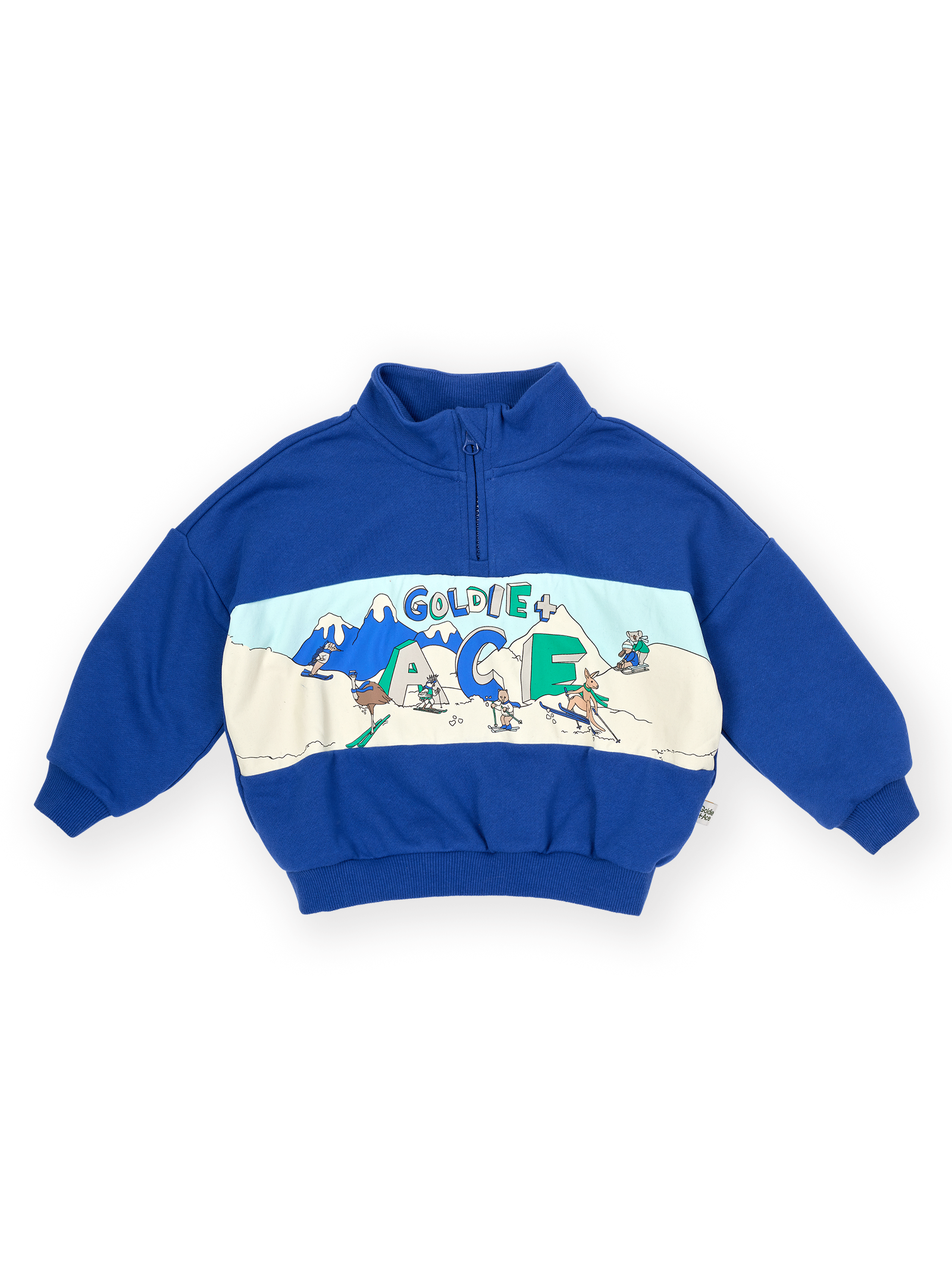 The Goldie + Ace Alpine Quarter Zip Sweater in Colbalt Blue pictured on a transparent background. The material is 100% cotton. It is a sweater made for babies, toddlers and kids.