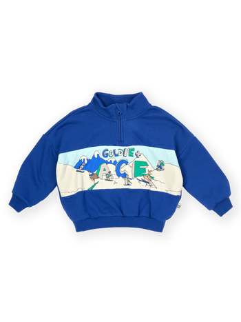 The Goldie + Ace Alpine Quarter Zip Sweater in Colbalt Blue pictured on a transparent background. The material is 100% cotton. It is a sweater made for babies, toddlers and kids.