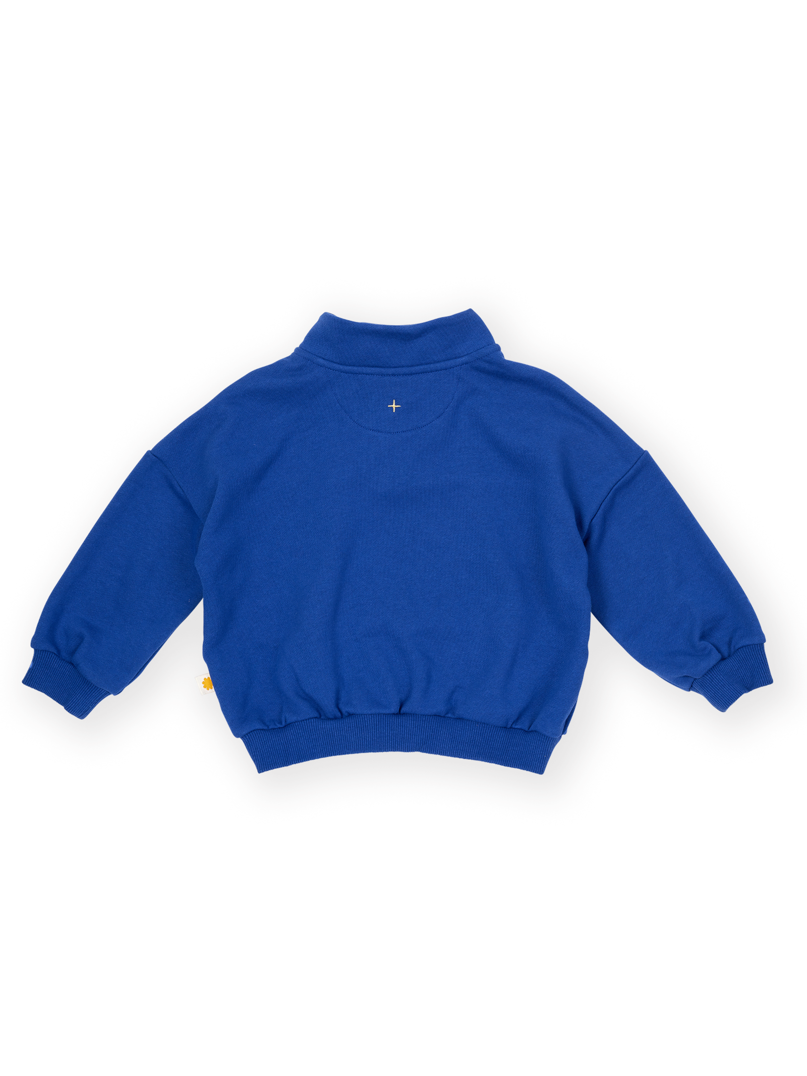 The Goldie + Ace Alpine Quarter Zip Sweater in Colbalt Blue pictured on a transparent background. The material is 100% cotton. It is a sweater made for babies, toddlers and kids.