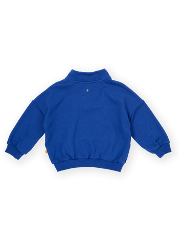 The Goldie + Ace Alpine Quarter Zip Sweater in Colbalt Blue pictured on a transparent background. The material is 100% cotton. It is a sweater made for babies, toddlers and kids.