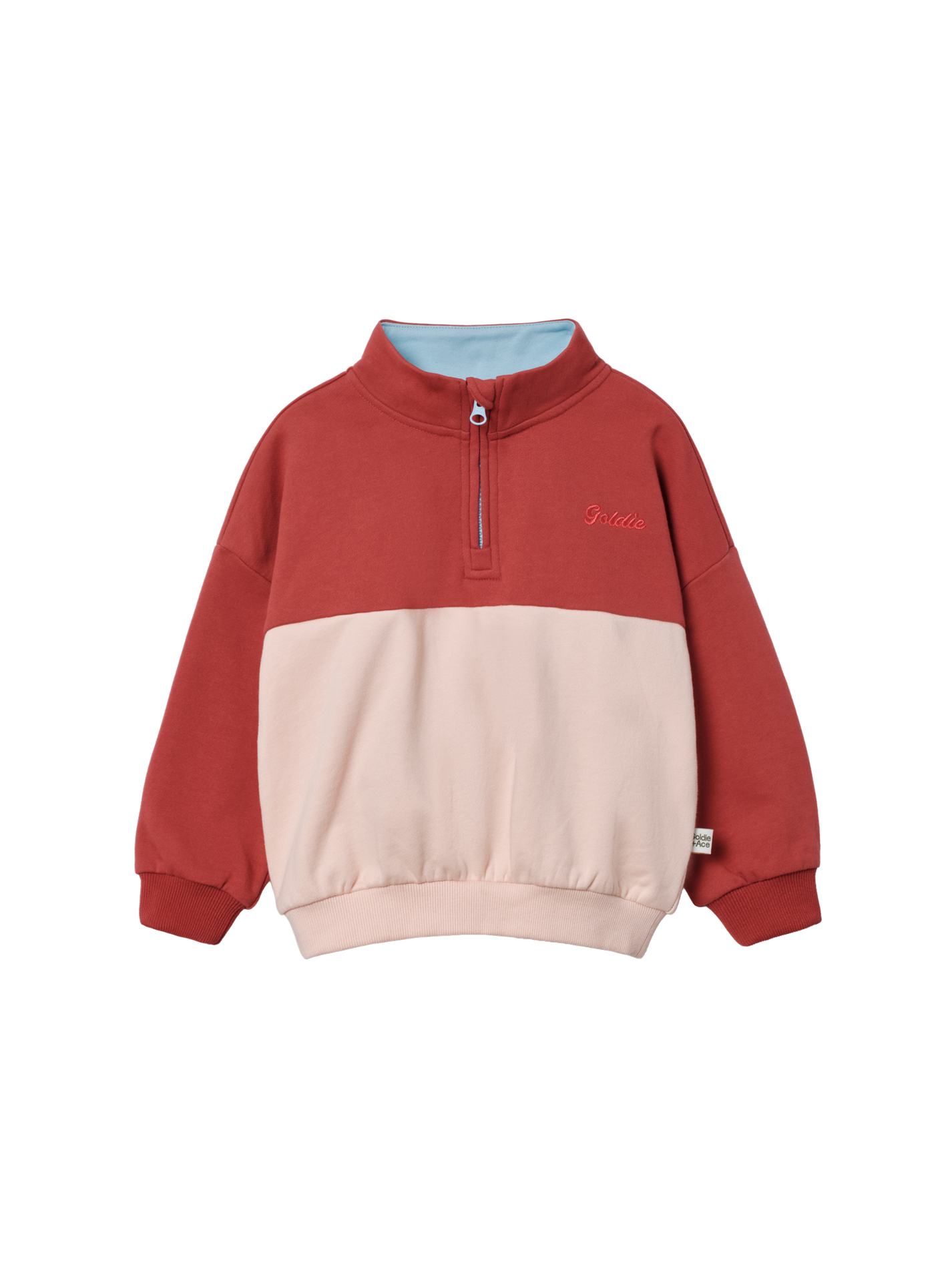 The Goldie + Ace Cololur Block Quarter Zip Sweater Peach in Rust/Peach pictured on a transparent background. The material is 100% cotton. It is a sweater made for babies, toddlers and kids.