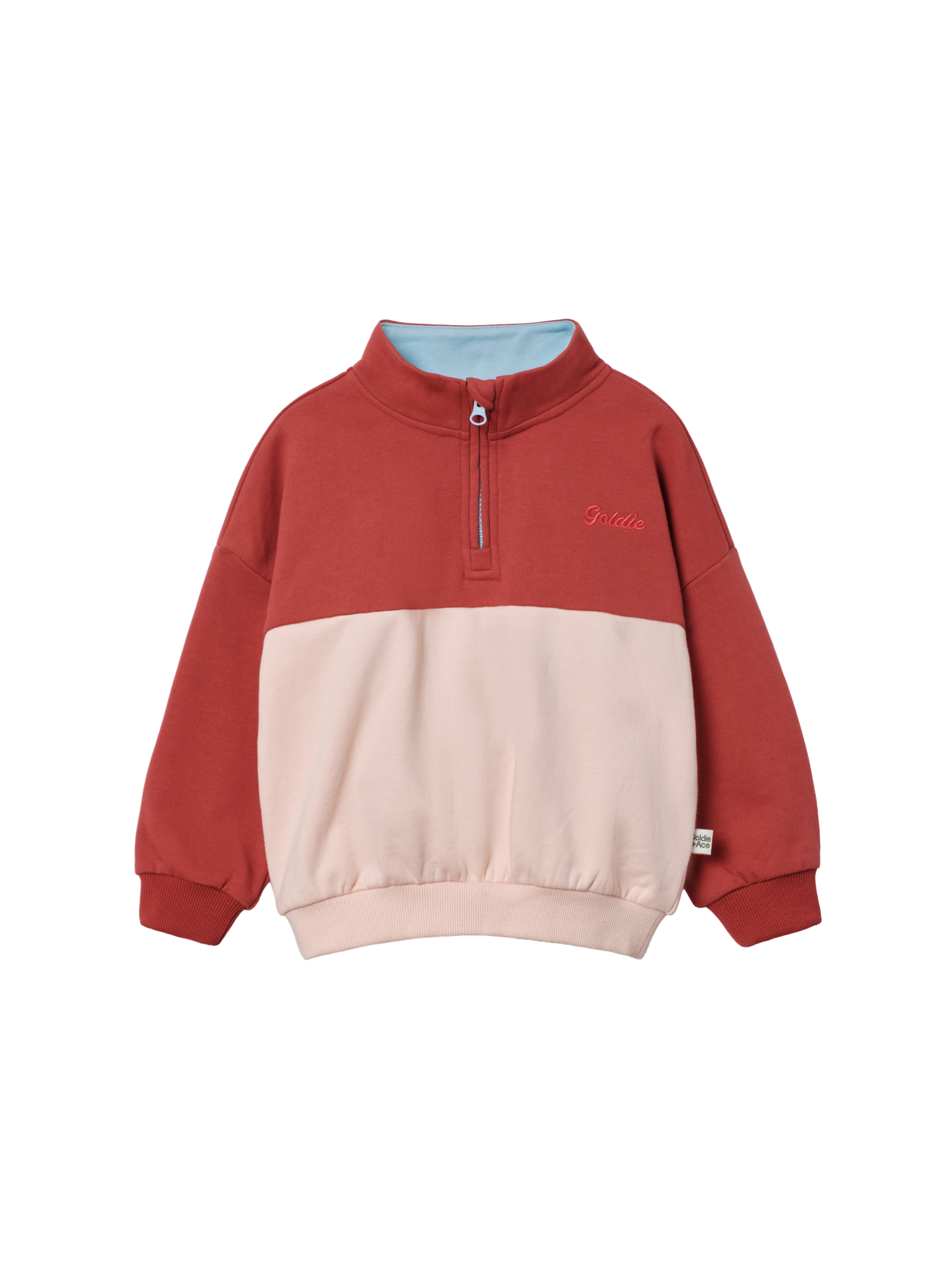 The Goldie + Ace Cololur Block Quarter Zip Sweater Peach in Rust/Peach pictured on a transparent background. The material is 100% cotton. It is a sweater made for babies, toddlers and kids.