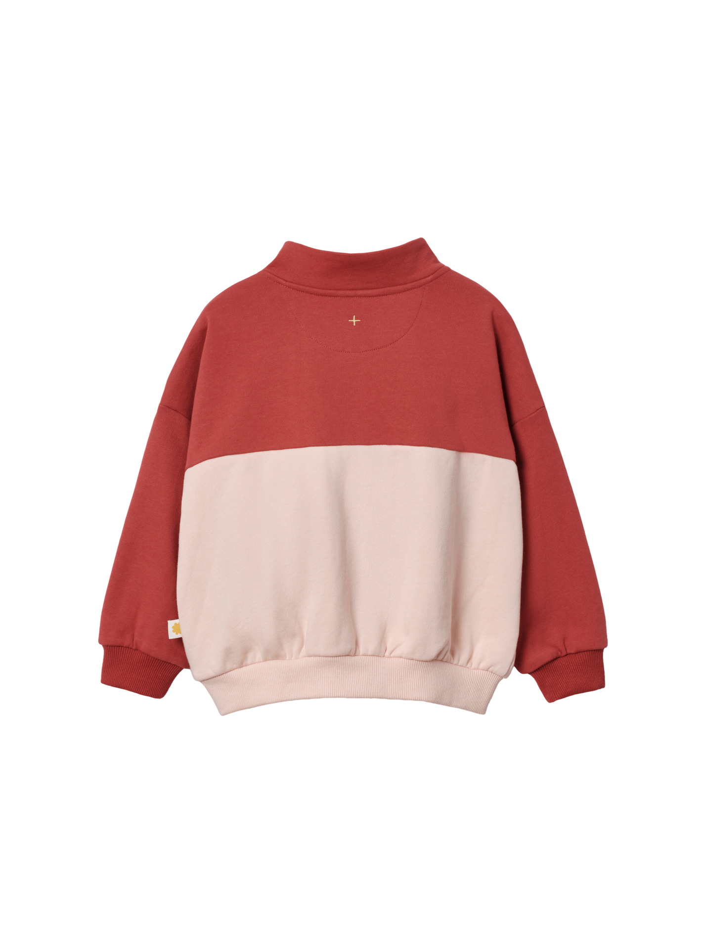 The Goldie + Ace Cololur Block Quarter Zip Sweater Peach in Rust/Peach pictured on a transparent background. The material is 100% cotton. It is a sweater made for babies, toddlers and kids.