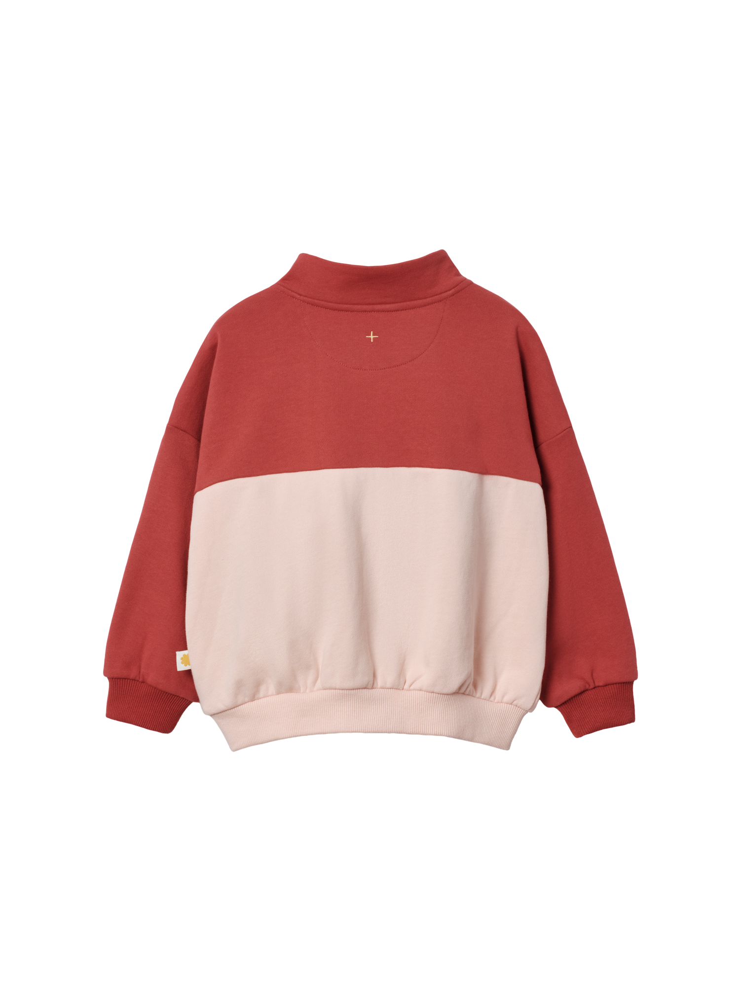 The Goldie + Ace Cololur Block Quarter Zip Sweater Peach in Rust/Peach pictured on a transparent background. The material is 100% cotton. It is a sweater made for babies, toddlers and kids.