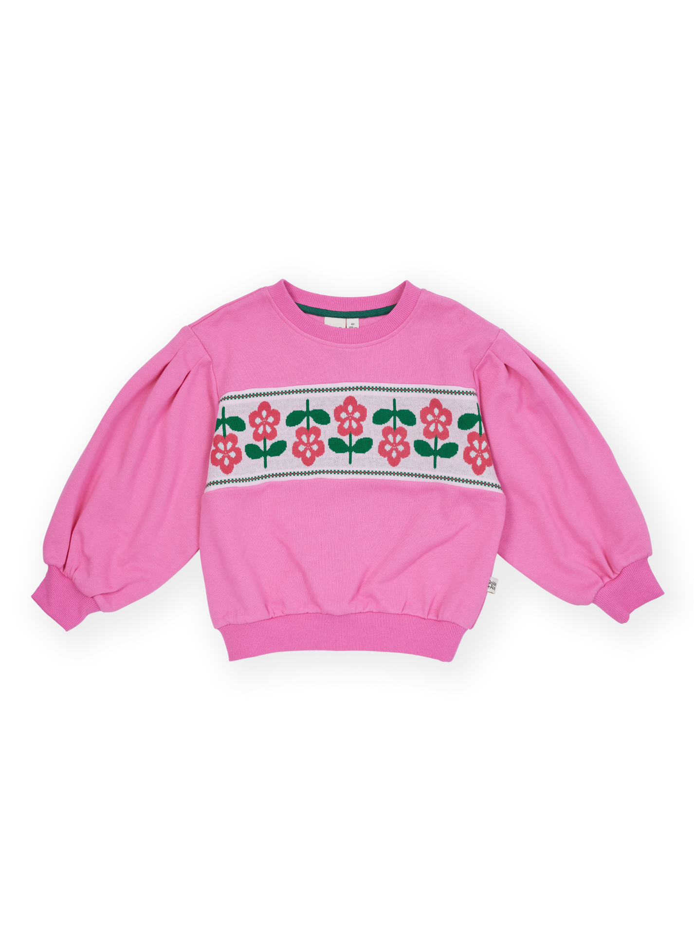 The Goldie + Ace Flower Garden Sweater in Deep Pink pictured on a transparent background. The material is 100% cotton. It is a sweater made for babies, toddlers and kids.