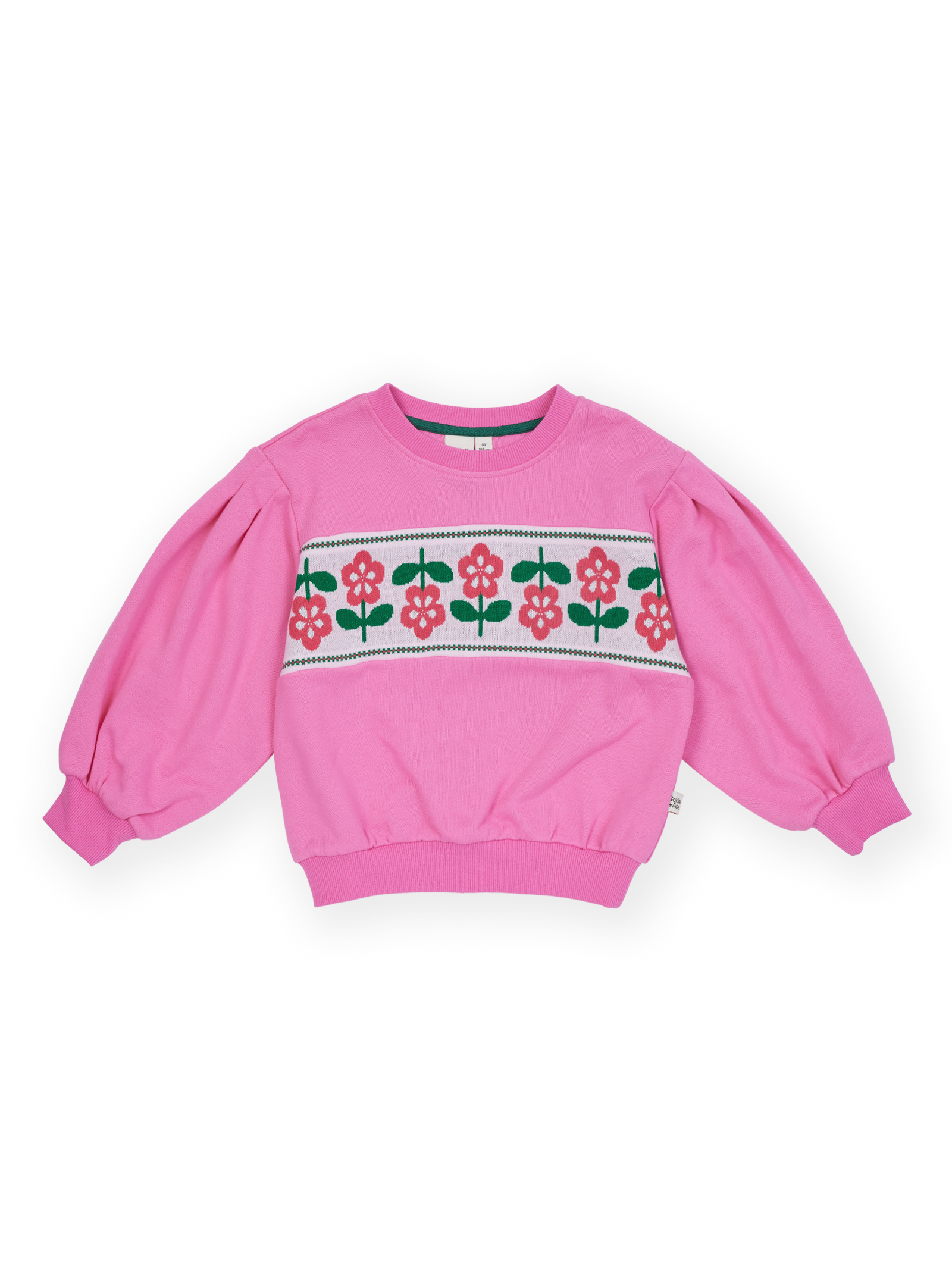 The Goldie + Ace Flower Garden Sweater in Deep Pink pictured on a transparent background. The material is 100% cotton. It is a sweater made for babies, toddlers and kids.