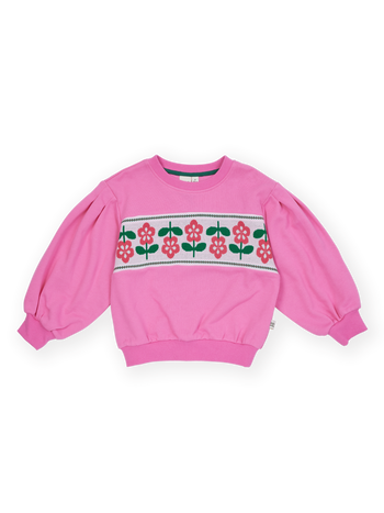 The Goldie + Ace Flower Garden Sweater in Deep Pink pictured on a transparent background. The material is 100% cotton. It is a sweater made for babies, toddlers and kids.
