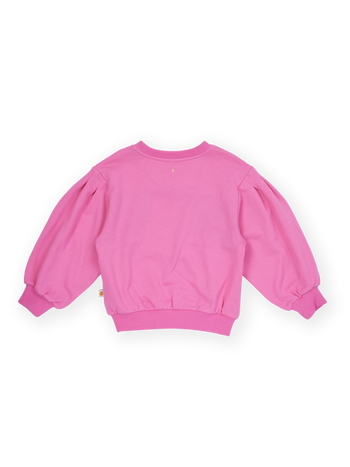 The Goldie + Ace Flower Garden Sweater in Deep Pink pictured on a transparent background. The material is 100% cotton. It is a sweater made for babies, toddlers and kids.
