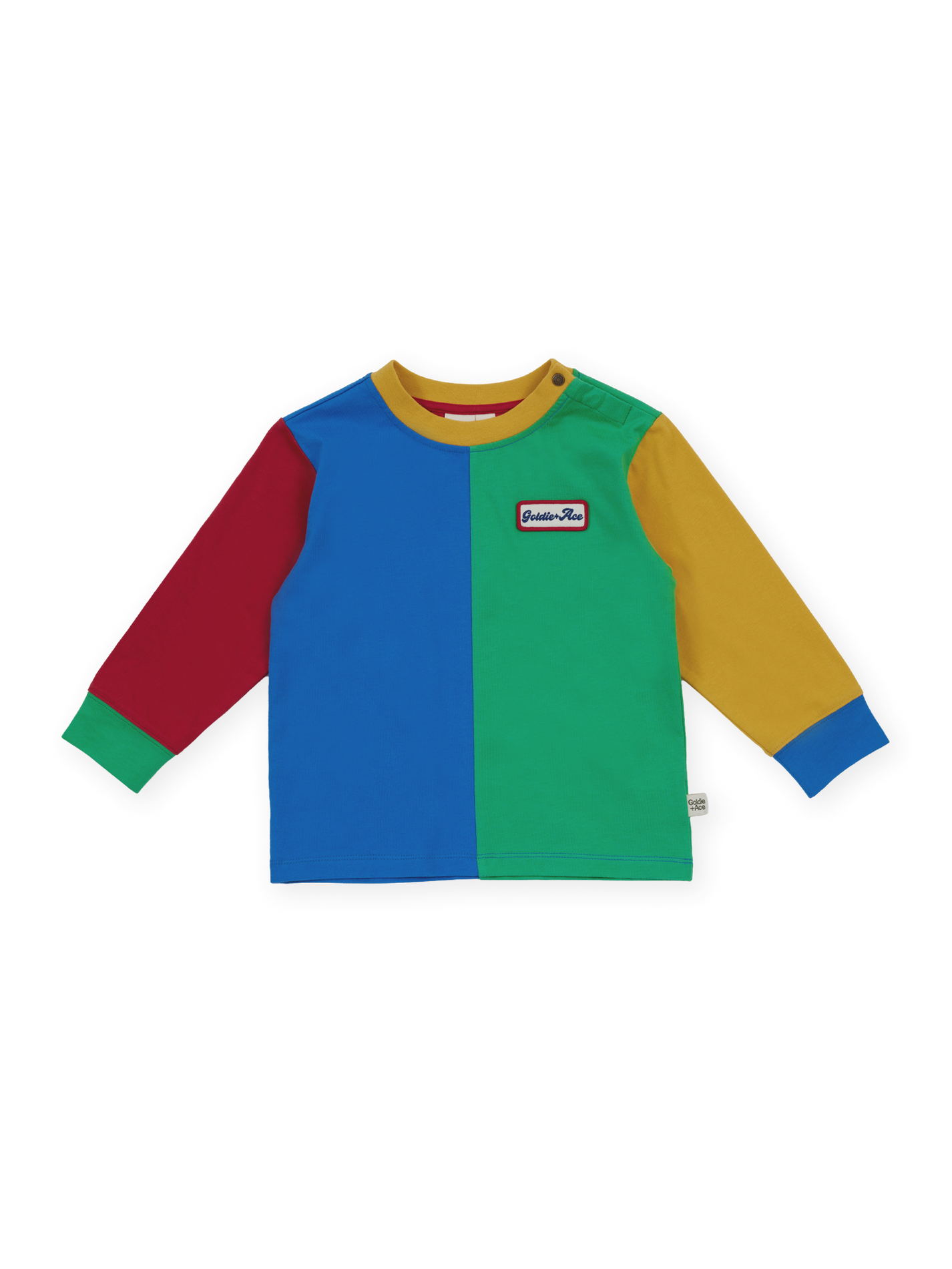 The Goldie + Ace Splice Colour Block Longsleeve Top in Primary pictured on a transparent background. The material is 100% cotton. It is a t-shirt made for babies, toddlers and kids.