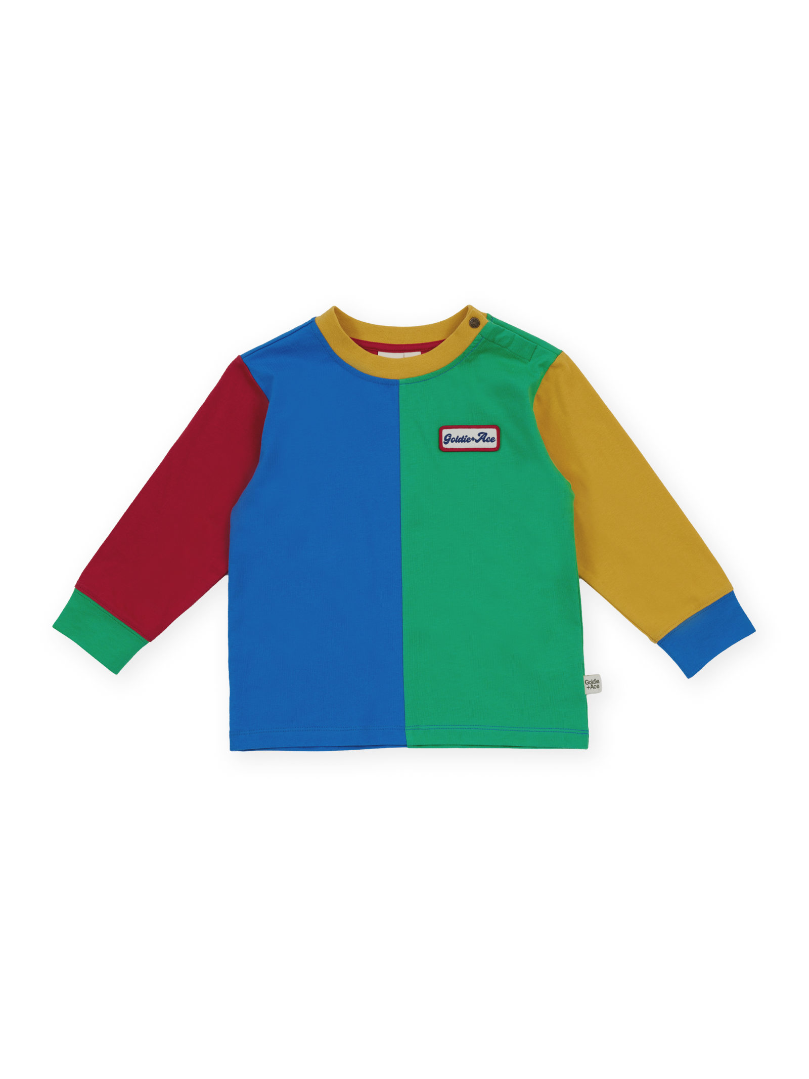 The Goldie + Ace Splice Colour Block Longsleeve Top in Primary pictured on a transparent background. The material is 100% cotton. It is a t-shirt made for babies, toddlers and kids.