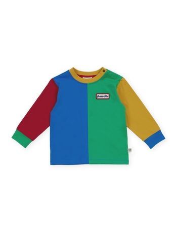 The Goldie + Ace Splice Colour Block Longsleeve Top in Primary pictured on a transparent background. The material is 100% cotton. It is a t-shirt made for babies, toddlers and kids.