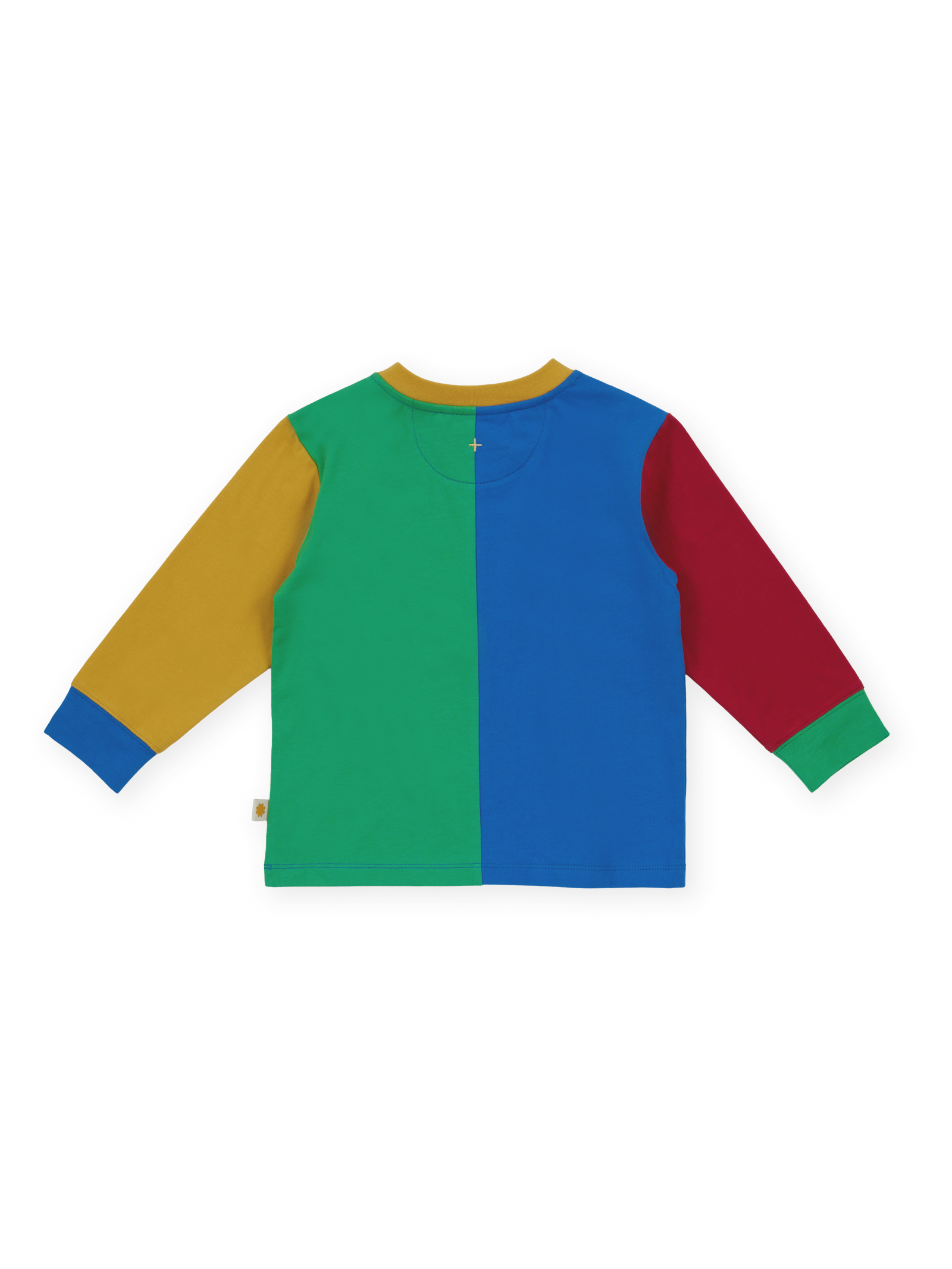 The Goldie + Ace Splice Colour Block Longsleeve Top in Primary pictured on a transparent background. The material is 100% cotton. It is a t-shirt made for babies, toddlers and kids.