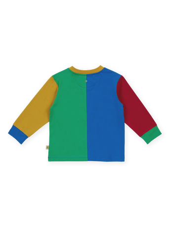 The Goldie + Ace Splice Colour Block Longsleeve Top in Primary pictured on a transparent background. The material is 100% cotton. It is a t-shirt made for babies, toddlers and kids.