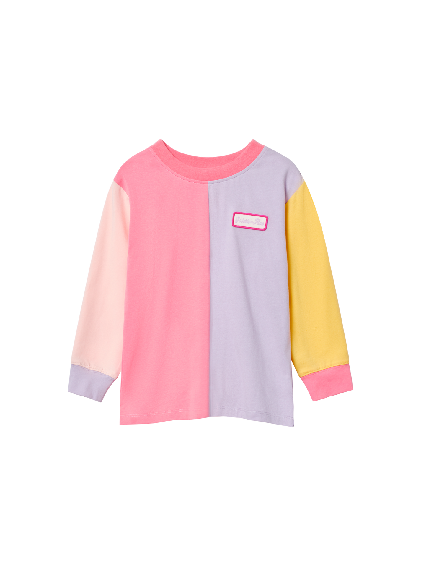 The Goldie + Ace Splice Colour Block Long Sleeve Top Sunset in Pink/Yellow/Purple pictured on a transparent background. The material is 95% cotton, 5% elastane. It is a t-shirt made for babies, toddlers and kids.