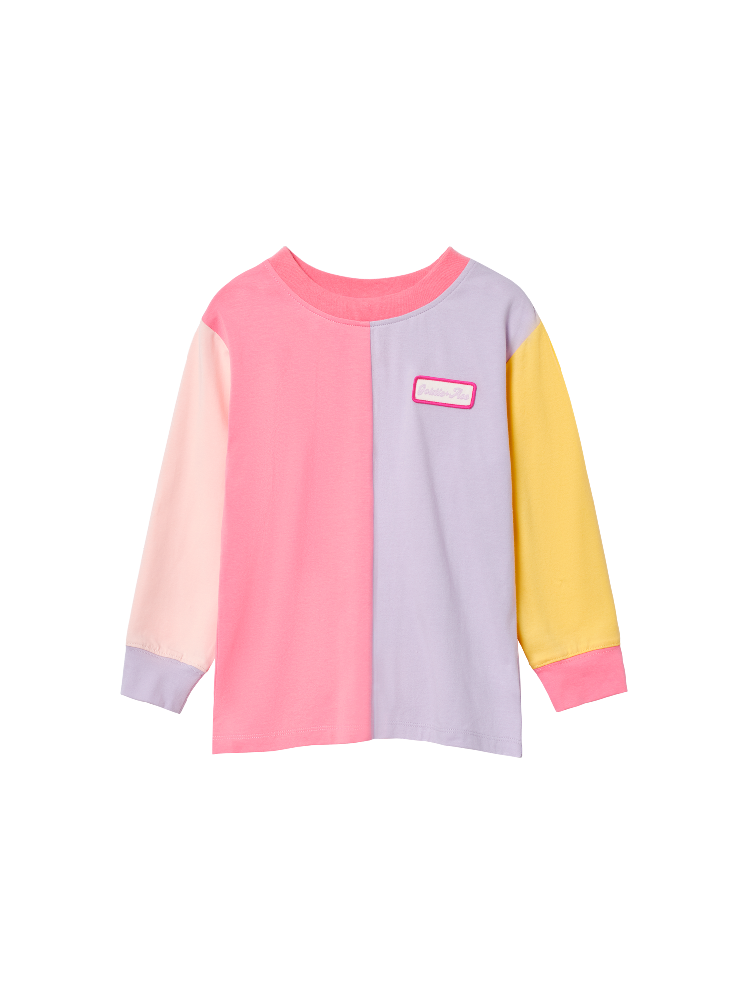 The Goldie + Ace Splice Colour Block Long Sleeve Top Sunset in Pink/Yellow/Purple pictured on a transparent background. The material is 95% cotton, 5% elastane. It is a t-shirt made for babies, toddlers and kids.