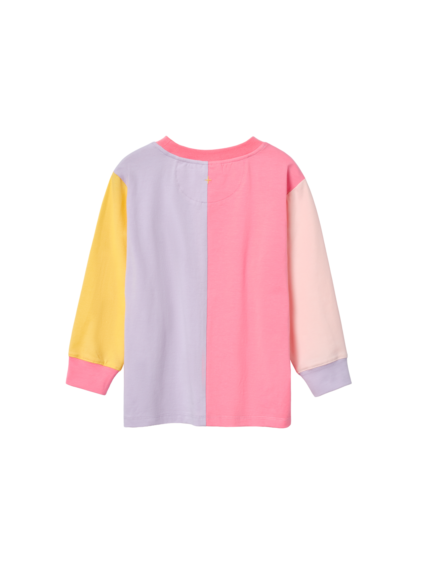 The Goldie + Ace Splice Colour Block Long Sleeve Top Sunset in Pink/Yellow/Purple pictured on a transparent background. The material is 95% cotton, 5% elastane. It is a t-shirt made for babies, toddlers and kids.