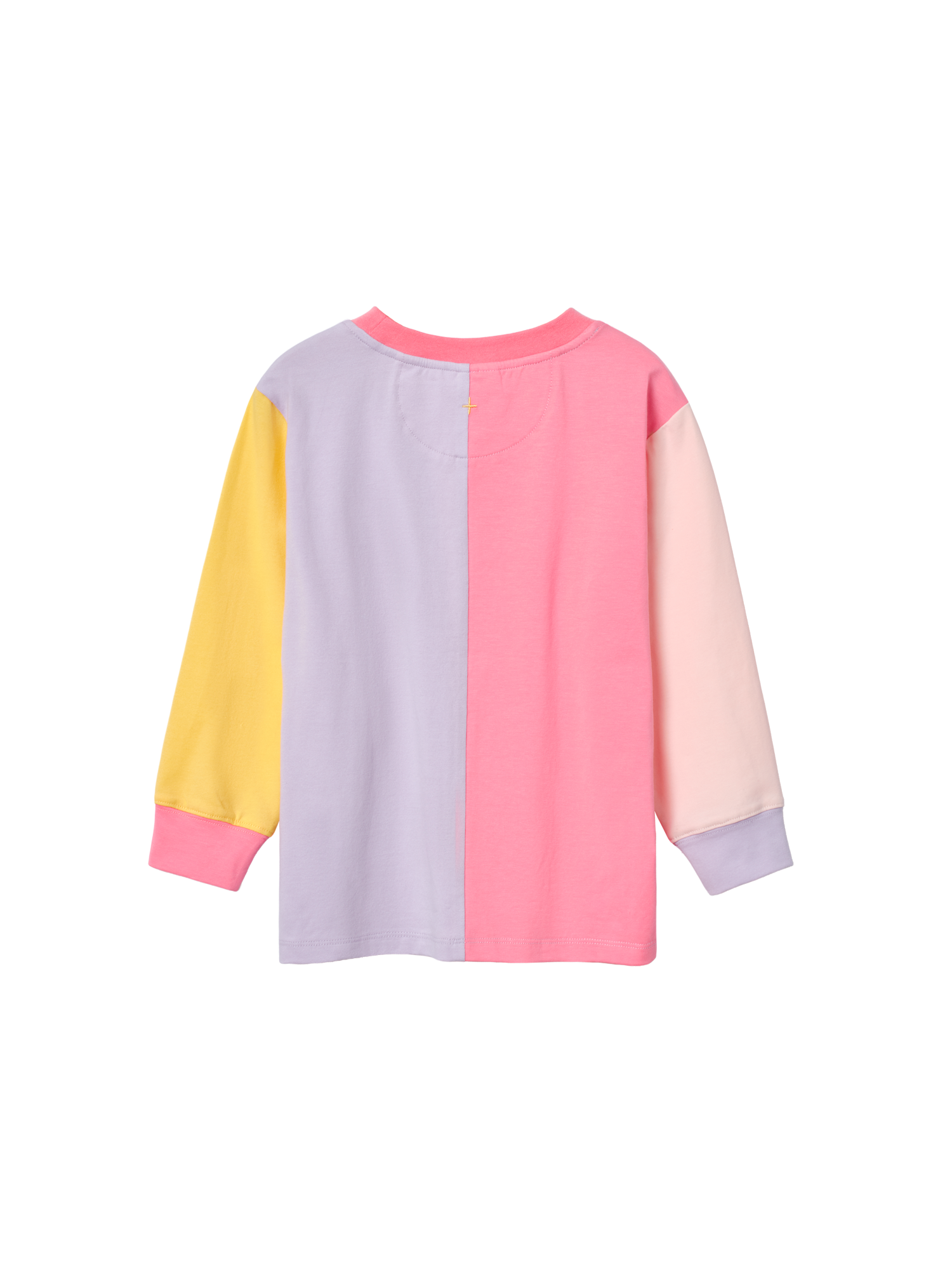 The Goldie + Ace Splice Colour Block Long Sleeve Top Sunset in Pink/Yellow/Purple pictured on a transparent background. The material is 95% cotton, 5% elastane. It is a t-shirt made for babies, toddlers and kids.