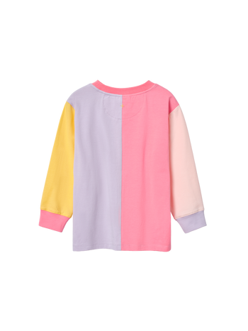 The Goldie + Ace Splice Colour Block Long Sleeve Top Sunset in Pink/Yellow/Purple pictured on a transparent background. The material is 95% cotton, 5% elastane. It is a t-shirt made for babies, toddlers and kids.