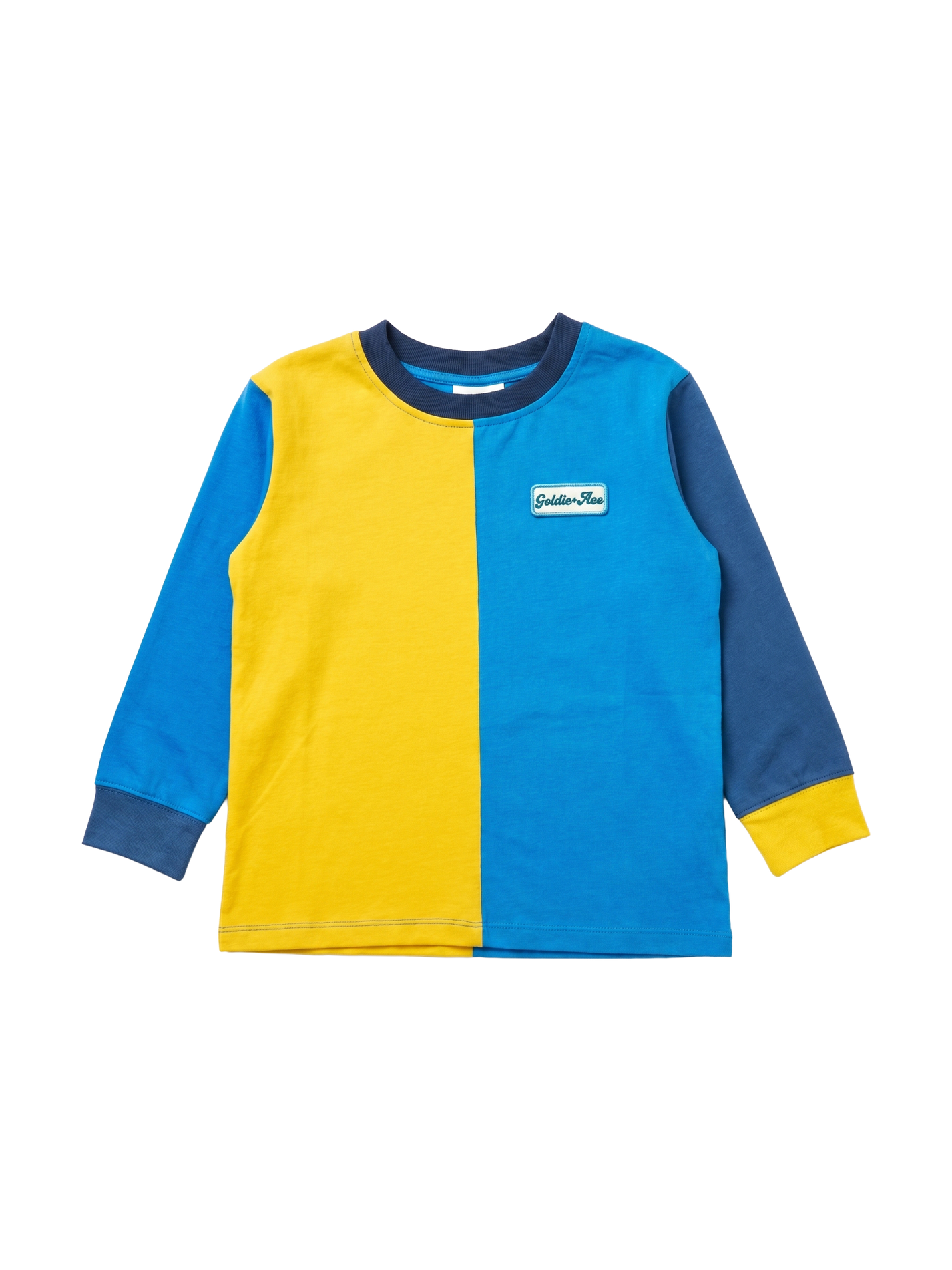 The Goldie + Ace Splice Colour Block Long Sleeve Top Navy in Blue/Yellow/Green pictured on a transparent background. The material is 100% cotton. It is a t-shirt made for babies, toddlers and kids.