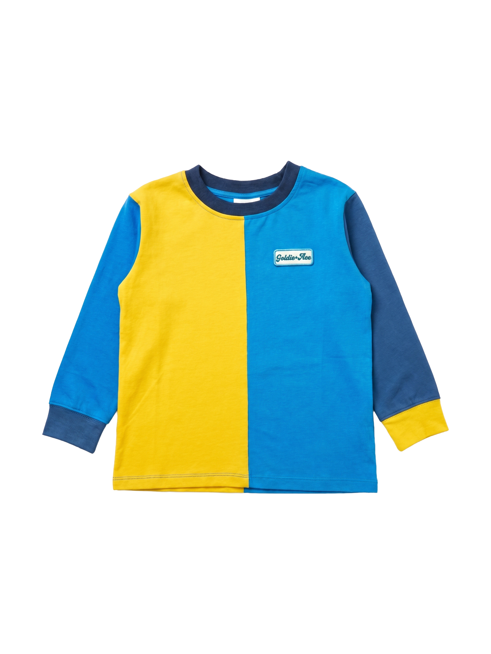The Goldie + Ace Splice Colour Block Long Sleeve Top Navy in Blue/Yellow/Green pictured on a transparent background. The material is 100% cotton. It is a t-shirt made for babies, toddlers and kids.
