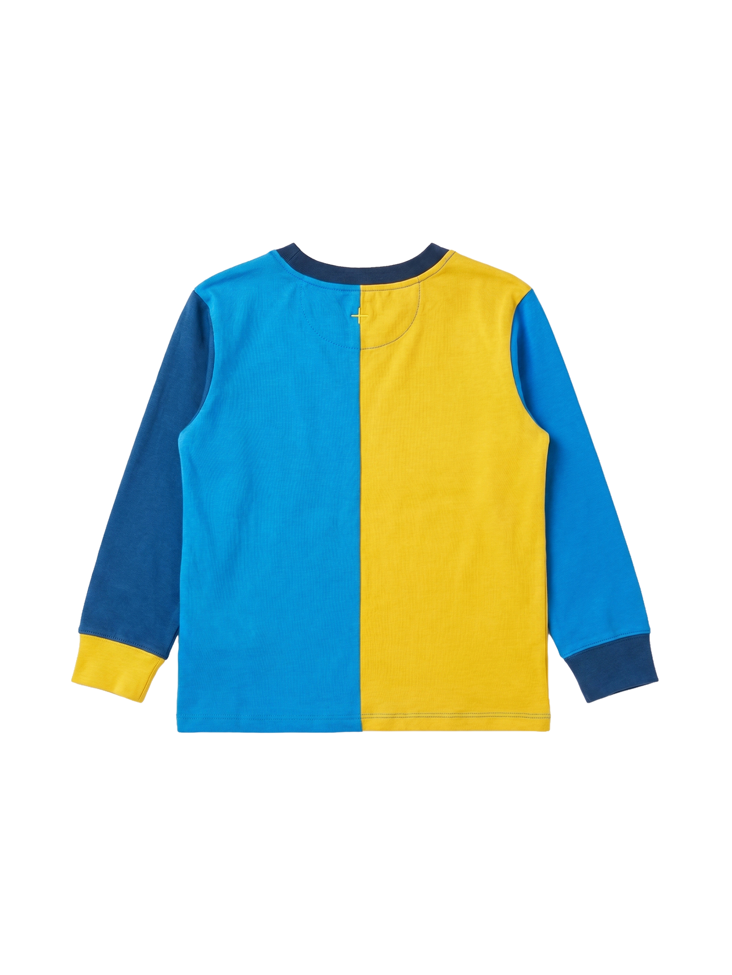 The Goldie + Ace Splice Colour Block Long Sleeve Top Navy in Blue/Yellow/Green pictured on a transparent background. The material is 100% cotton. It is a t-shirt made for babies, toddlers and kids.