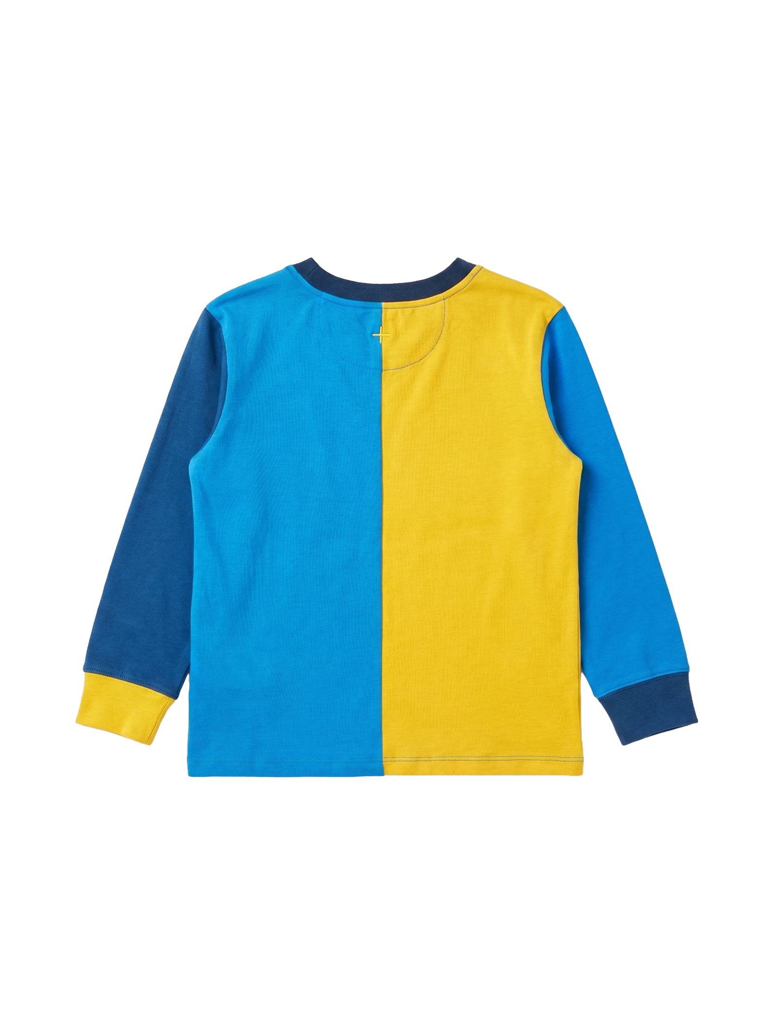 The Goldie + Ace Splice Colour Block Long Sleeve Top Navy in Blue/Yellow/Green pictured on a transparent background. The material is 100% cotton. It is a t-shirt made for babies, toddlers and kids.