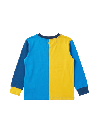 The Goldie + Ace Splice Colour Block Long Sleeve Top Navy in Blue/Yellow/Green pictured on a transparent background. The material is 100% cotton. It is a t-shirt made for babies, toddlers and kids.