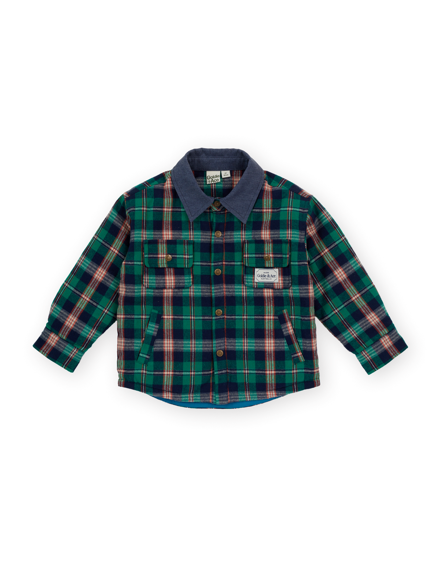 The Goldie + Ace Check Padded Shacket in Green Check pictured on a transparent background. The material is 100% cotton, with 100% polyester filling. It is a jacket made for babies, toddlers and kids.